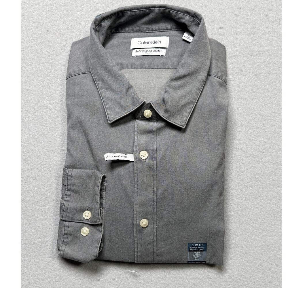 Calvin Klein Men's Washed Denim Stretch Slim Dress Shirt Gray 17.5 34-35  $90